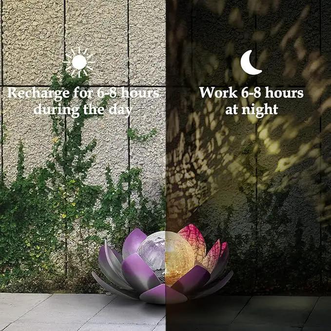 Huaxu Solar Lights Outdoor Decor Purple Lotus Waterproof LED Crackle Globe Glass Metal Flower Decorations for Garden Patio Yard Porch Pathway Ground Tabletop by GreenHaven Gardens