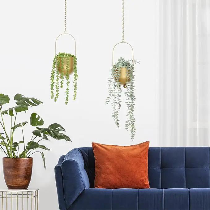 AceList Boho Gold Metal Hanging Planters, Set of 2 with Hooks & Chains - Versatile Wall & Ceiling Plant Hangers for Indoor/Outdoor Décor by GreenHaven Gardens