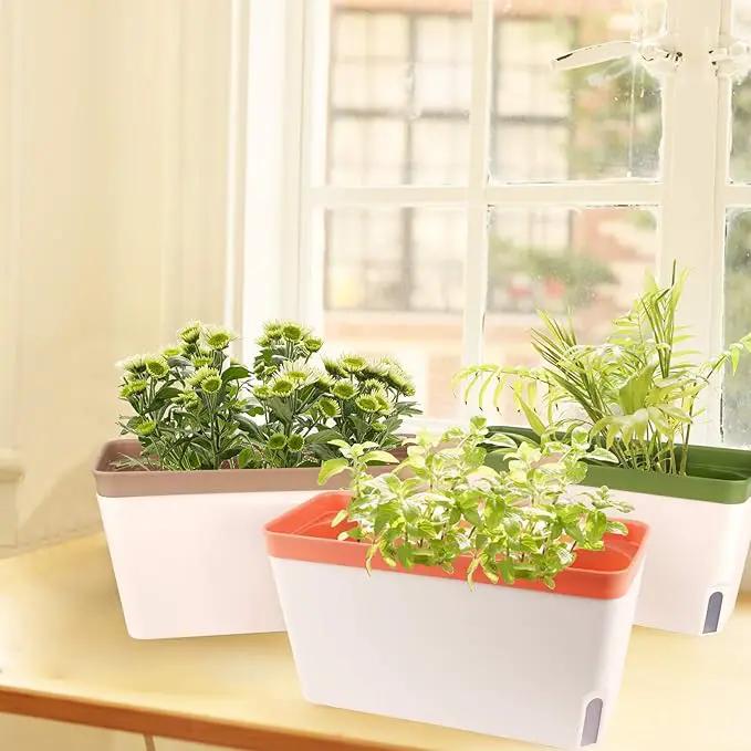 OurWarm Windowsill Herb Planter Box Indoor Set of 3, 10.5 Inch Self Watering Planter Pots with Visual Water Level Window, Modern Plastic Plant Pots for Herbs, Vegetables, Succulents Plants by GreenHaven Gardens