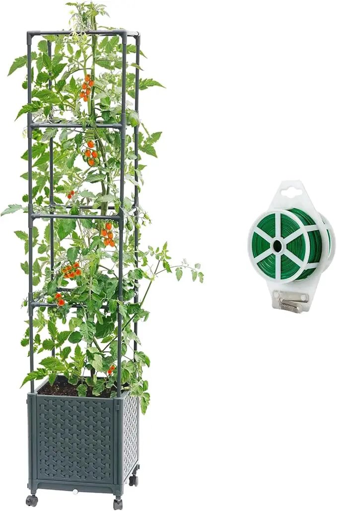 Raised Garden Bed with Tomato Planter Cage, 56.7” Trellis Planter Boxes with Wheels for Outdoor Patio Greenhouse Gardening Climbing Vegetables by GreenHaven Gardens