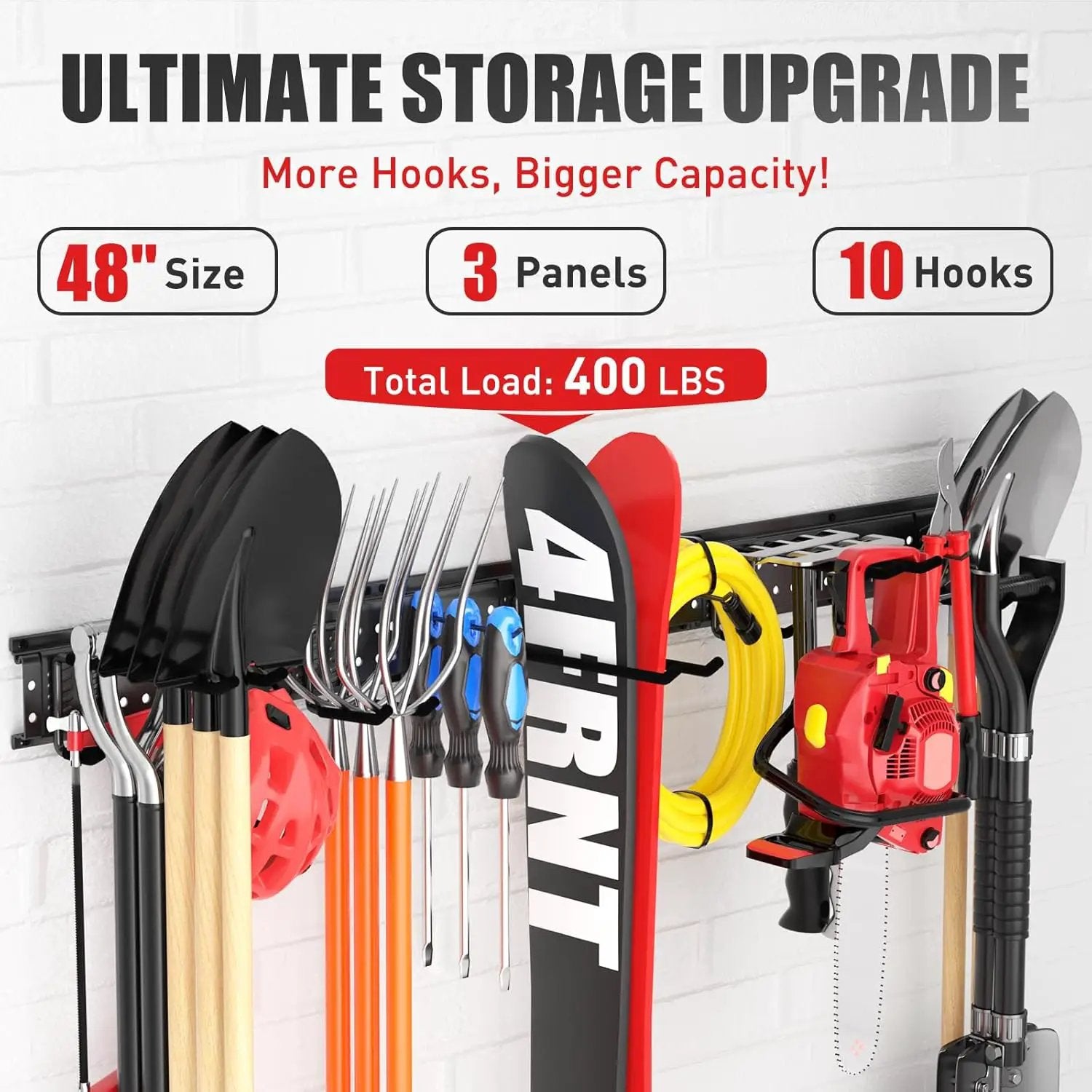 Garage Tool Organizer Wall Mount 48 inches with 10 Adjustable Heavy-Duty Hooks, Garage Organization, Garden Tool Storage Rack for Garage, Yard, and Shed, Holds Up to 400 lbs by GreenHaven Gardens