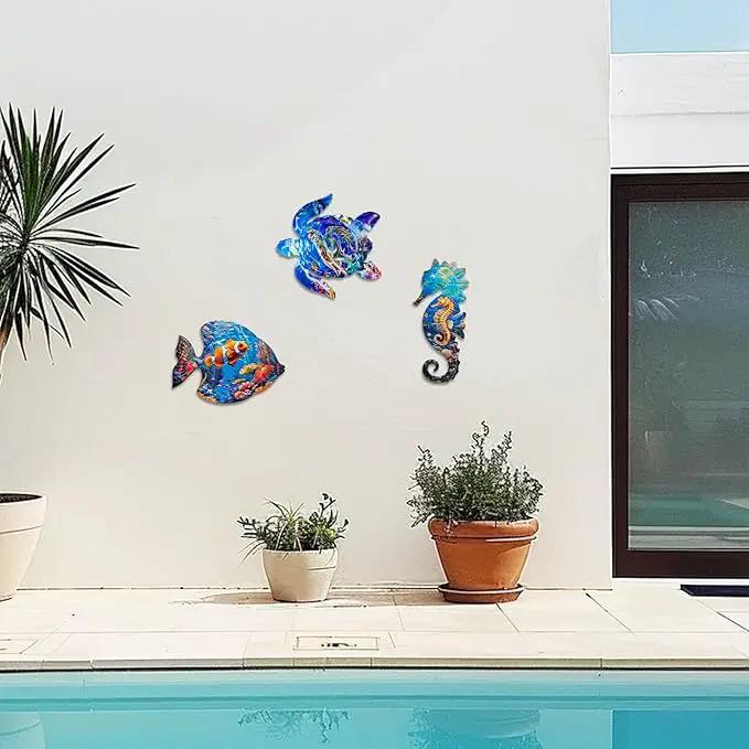 LIFFY Metal Fish Wall Decor Fish Metal Wall Art Ocean Themed Sea Turtle Fish Seahorse Coastal Wall Sculpture, Nautical Outdoor Decor For Garden, Fence, Patio, Pool,Beach,Bathroom (3 Pcs) by GreenHaven Gardens