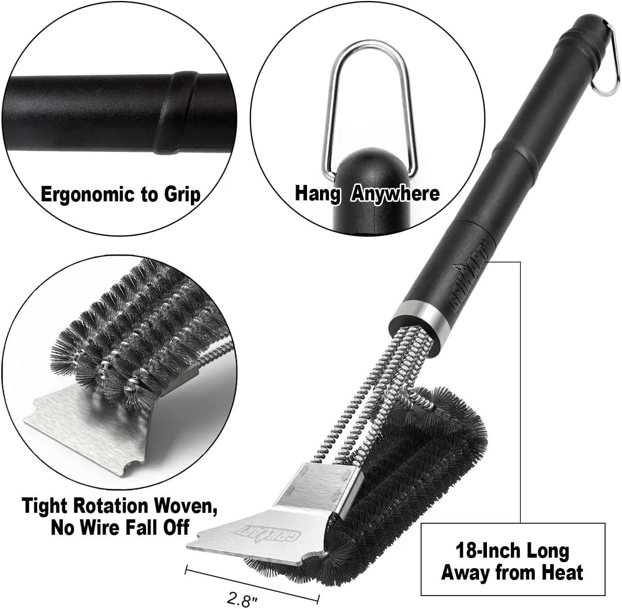 GRILLART Grill Brush and Scraper BBQ Brush for Grill, Safe 18" Stainless Steel Woven Wire 3 in 1 Bristles Grill Cleaning Brush, BR-4516 by GreenHaven Gardens