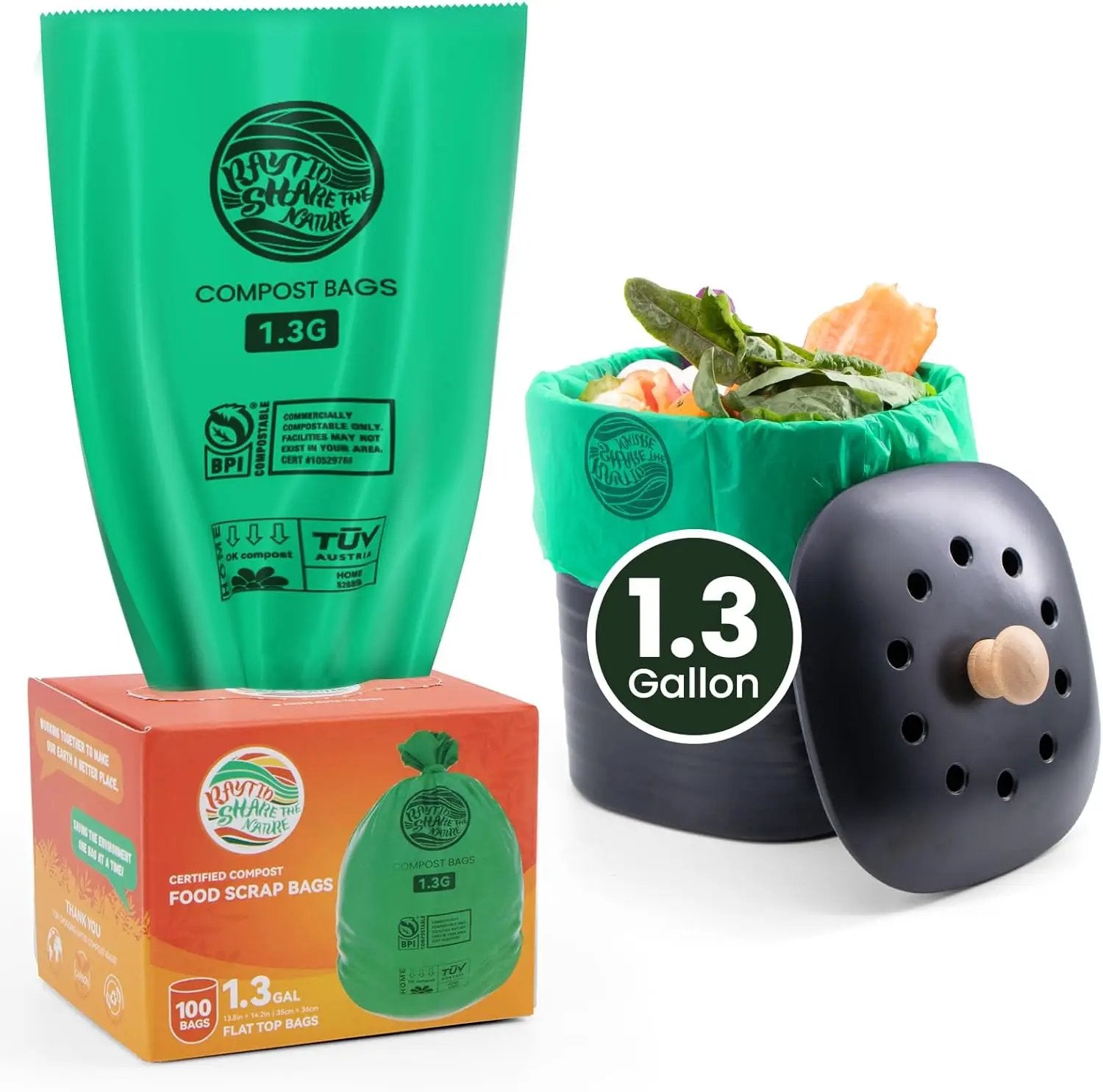 Compost Bags 1.3 Gallon,100 Count,Compostable Small Trash Bags for Kitchen Countertop Compost Bin 0.75, 1,1.2, 1.3Gallon,ASTM D6400, US BPI and Europe OK compost HOME certified by GreenHaven Gardens