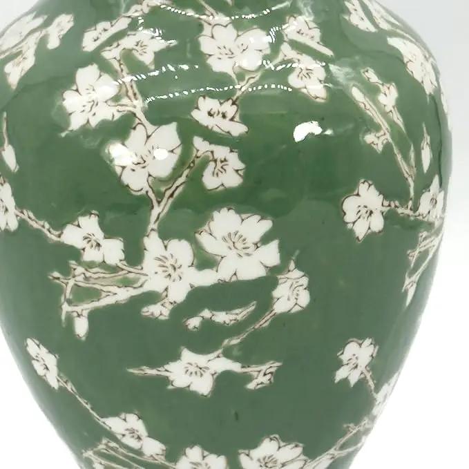 Galt International Floral Chinoiserie Ceramic Vase 14" - Green Sakura Hand Painted Antique Style Porcelain Flower Bottle Fishtail Porcelain Chinese Vase for Home Decor Centerpiece by GreenHaven Gardens