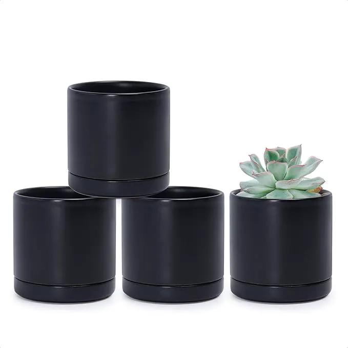 D'vine Dev Set of 4 Small Ceramic Plant Pots, 3.5 Inch Succulent Planter Pot for Plants with Drainage Hole and Saucer, Black, 94-X-A-2 by GreenHaven Gardens
