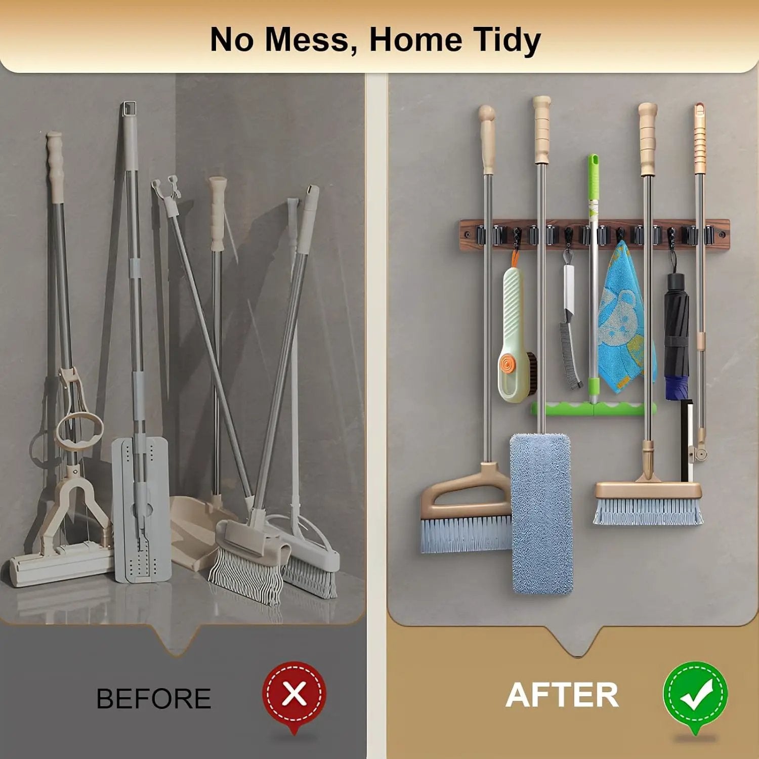 Broom Holder Wall Mount With 5 Slots & 4 Hooks，Rustic Wood Broom & Mop Hanger，Wall Mounted Garden & Garage Tool Storage Organizer Rack for Closet Laundry Room or Kitchen Wall Decor White by GreenHaven Gardens