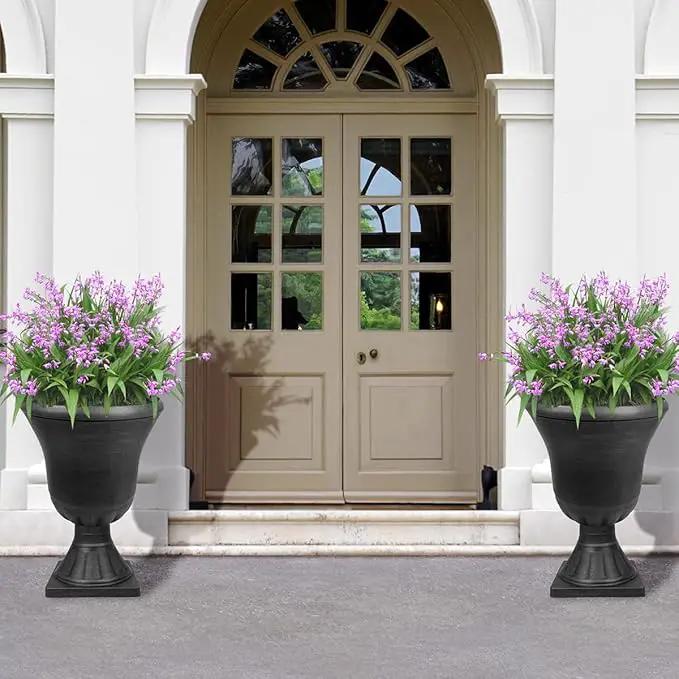 Worth Garden 2-Pack Plastic Urn Planters for Outdoor Plants, 22'' Black Tall Round Classic Resin Traditional Flower Pots - 15 in. Dia. Large Imitation Stone Decorative Pot Patio Deck Front Porch by GreenHaven Gardens