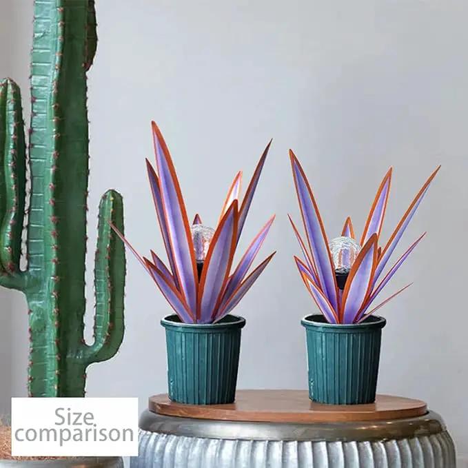 Metal Agave Plant Garden Art, 2 Pack Tequila Rustic Sculpture, Rustic Metal Agave Plants Garden Lawn Home Ornaments, for Yard Stakes, Garden Figurines, Outdoor Patio (2 PCS Purple with Light) by GreenHaven Gardens