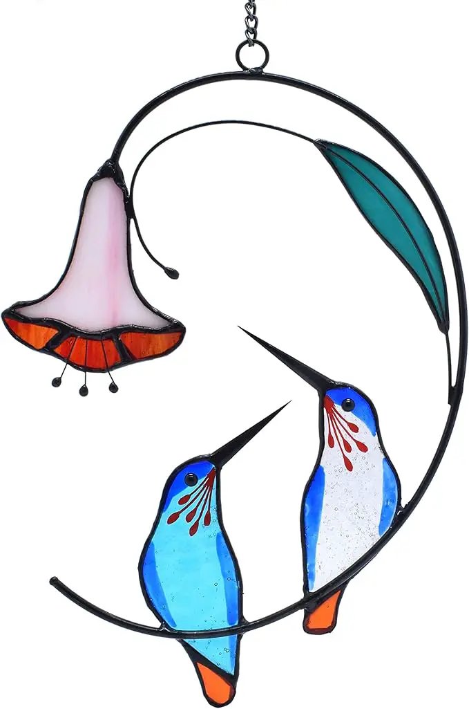 Lolitarcrafts Hummingbird with Flower Stained Glass Suncatcher Bird Stained Glass Window Hangings Hummingbird Gift for Home Decor (Blue 1 Pair) by GreenHaven Gardens