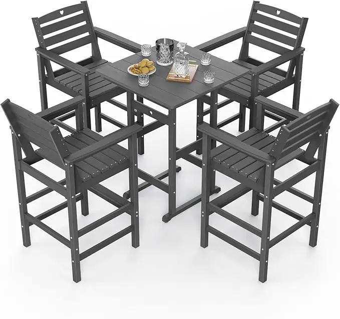 5-Piece Bar Height Outdoor Table and Chairs Set, HDPE Wood Grain Patio Bar Table and Chairs with Heart Cutout Design, Weather-Resistant Bar Height Furniture for Deck, Porch, Pool (Grey) by GreenHaven Gardens