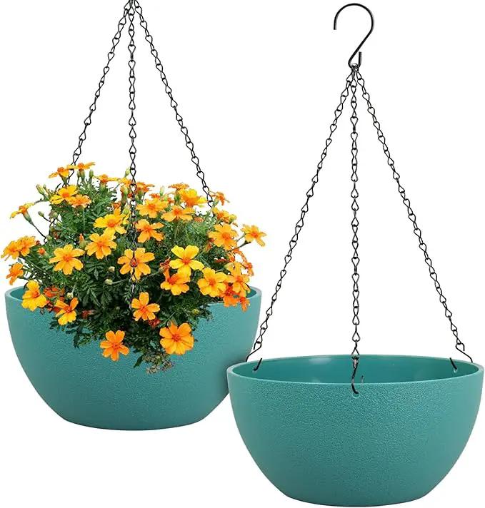 12 inch Large Hanging Planters for Indoor Outdoor Plants, 2 Pack Hanging Flower Plant Pots with Drainage Holes and Chain for Garden Porch, Plastic Hanging Baskets for House Plants, Blue Green by GreenHaven Gardens