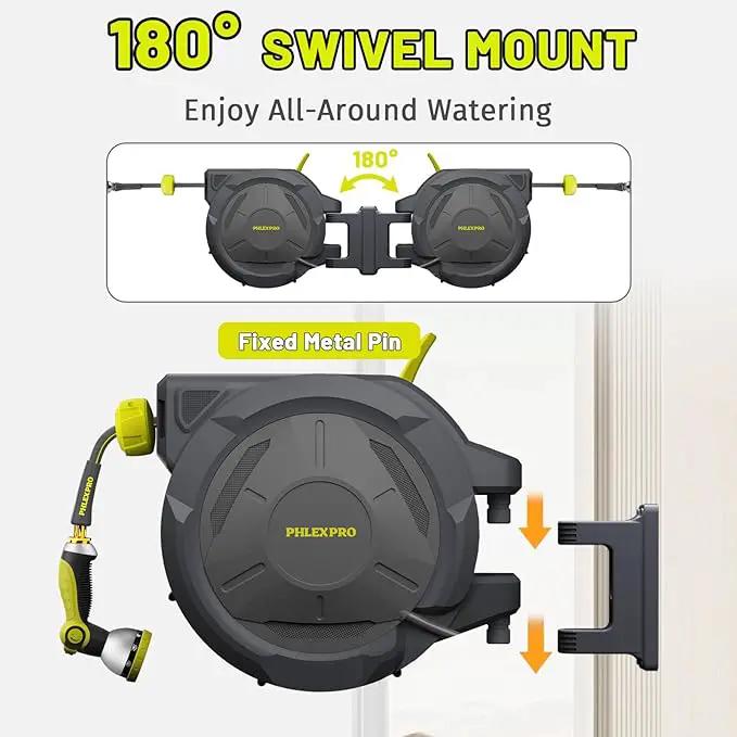 Retractable Garden Hose Reel 160Ft Extra Long, PHLEX PRO Heavy Duty Automatic Water Hose Reel Wall Mounted with 10 Pattern Nozzle, Any Length Lock, Slow Return System, 180°Swivel Bracket by GreenHaven Gardens
