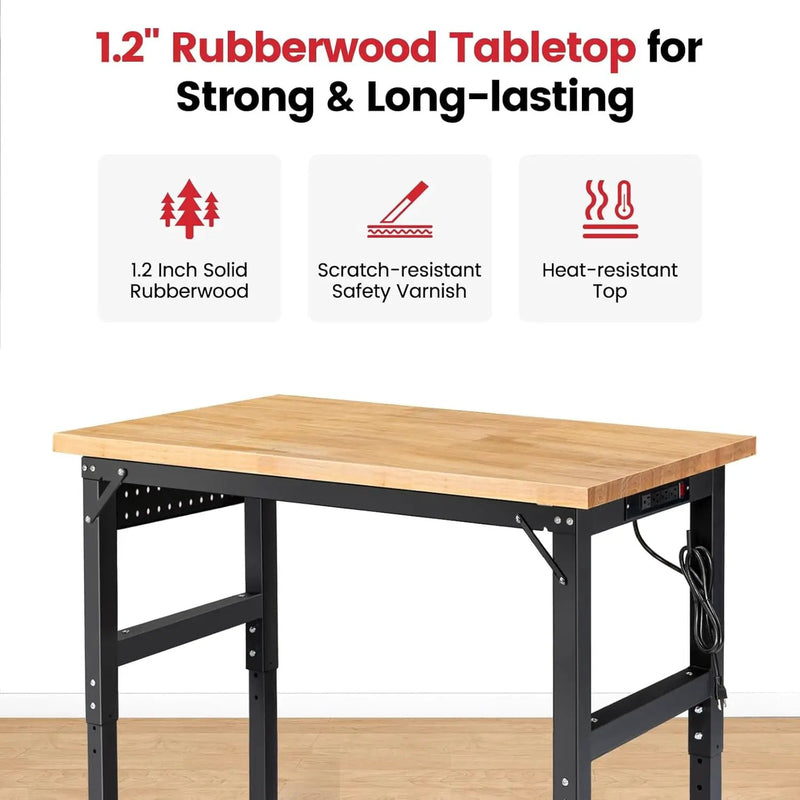 Work Bench with Wheels 48 x 20 Inch Heavy Duty Rubberwood Tabletop Garage Workbench Adjustable Height Work Table with Pegboard, Power Outlets for Woodworking Shop, Home, Office by GreenHaven Gardens
