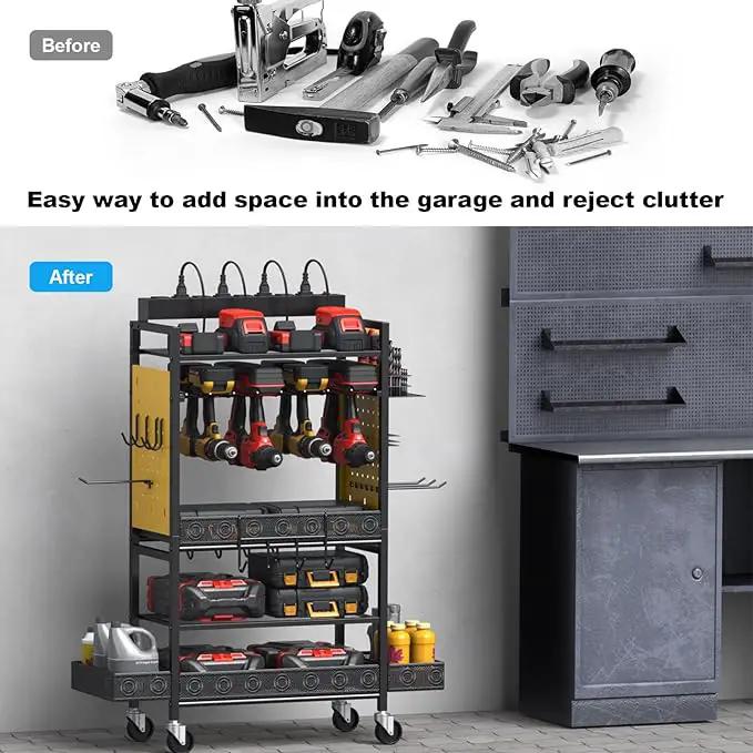 CCCEI Garage Power Tools Organizer Cart with Charging Station, Yellow Floor Standing Rolling Drill and Tools Battery Storage Cart on Wheels. Utility Rack Gift for Men, Husband, Father. by GreenHaven Gardens