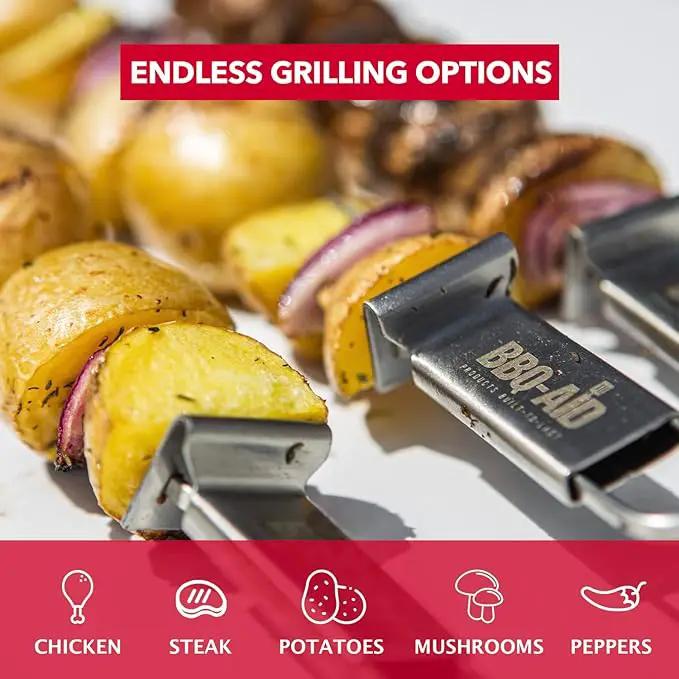 BBQ-AID Premium Barbecue Double Pronged Stainless Steel Skewers for Grilling - Quick Release Kebab Sticks for Veggies & More by GreenHaven Gardens