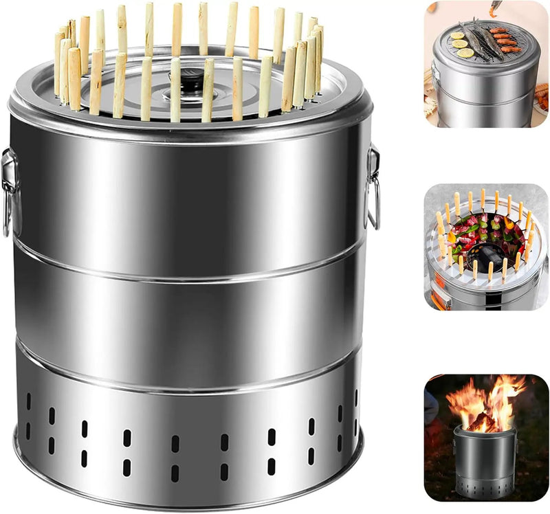 Portable Smokeless Barbecue Charcoal Barrel Grill, Stainless Steel Surround Charcoal kebab Grill with 28 Skewers and BBQ Grill Cooking Grate, Diameter 15.4 inch by GreenHaven Gardens