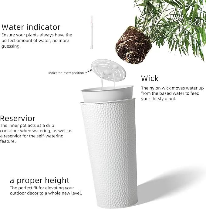 KOL 28" H. Tall Metal Cone Planters with Inner Pots 2-Pack, White Hand-Hammered Large Decor Planter for Deck, Patio, Porch - Handcrafted Flower Pot - with Water Level Indicator - Indoor Outdoor Use by GreenHaven Gardens