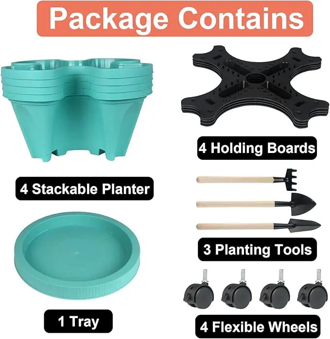 Vertical Planter 4 Tier Stackable Planters Garden Planters Strawberry Herb Flower and Vegetable Planter Indoor Outdoor Gardening Pots with Removable Wheels and Tools by GreenHaven Gardens