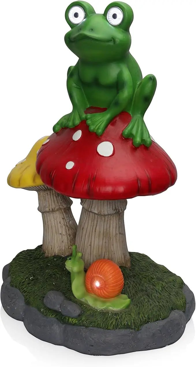 Alpine Corporation ZEN390SLR-L Frog on Mushroom Statue with LED Lights, Solar-Powered LED Frog Garden Statue, 24" H, Green by GreenHaven Gardens