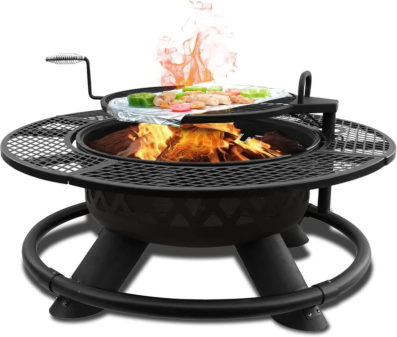 Red Mountain Valley 47" Outdoor Fire Pit with Adjustable Grill, 2-in-1 Outdoor Large Wood Burning Firepit Bowl, Bonfire Patio Fire Pits with Cooking grates, Metal Round Table for Backyard by GreenHaven Gardens