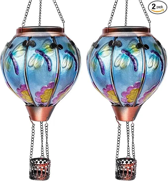 2PC Hot Air Balloon Solar Lantern with 2PC Shepherd Hook, Flickering Flame Hanging Solar Lanterns Outdoor Lights Waterproof Lanterns Decorative Garden Patio Yard Party Decor (Dragonfly) by GreenHaven Gardens