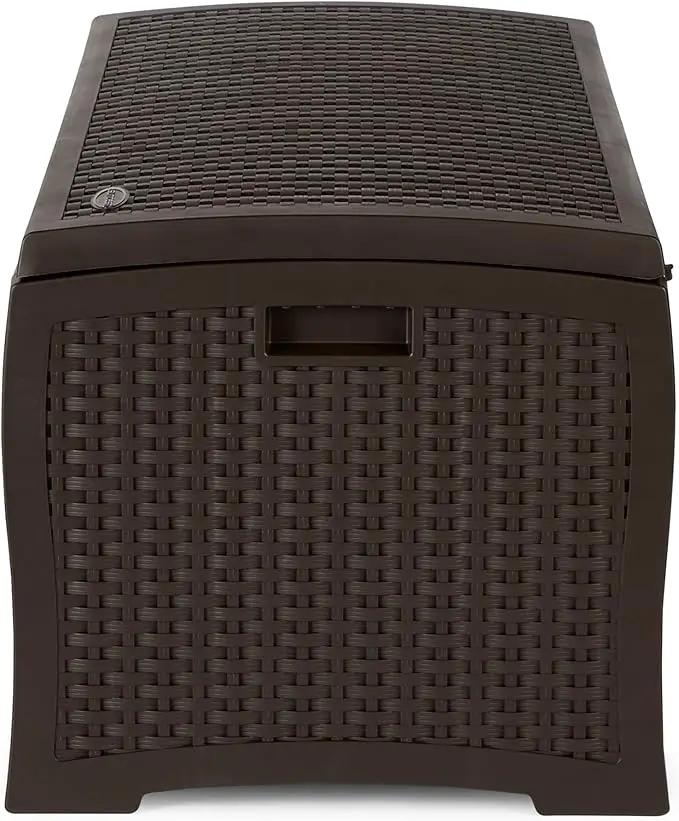 Suncast Outdoor Storage Box - 73 Gallon Mocha Brown Deck Box for Patio, Waterproof Outdoor Storage Bench, Resin Wicker Style, Heavy-Duty, Lockable Lid for Cushions, Shoes, Pool & Garden Gear by GreenHaven Gardens