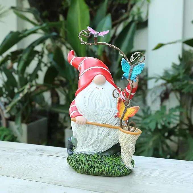 Garden Gnome Statue, Solar Funny Gnomes Figurine Catching Butterflies with LED Lights Waterproof Resin Outdoor Decor for Patio Lawn Yard Home Tabletop Decoration by GreenHaven Gardens