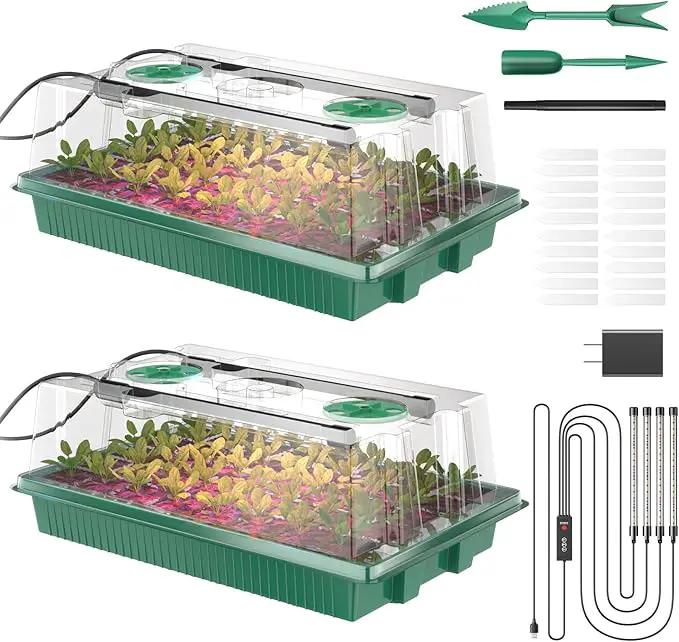 Seed Starter Tray, 80-Cells Seedling Starter Trays with Grow Light and Humidity Dome, Reusable Seed Germination Kit for Indoor Gardening Seed Starting (2 Pack, Green Base) by GreenHaven Gardens