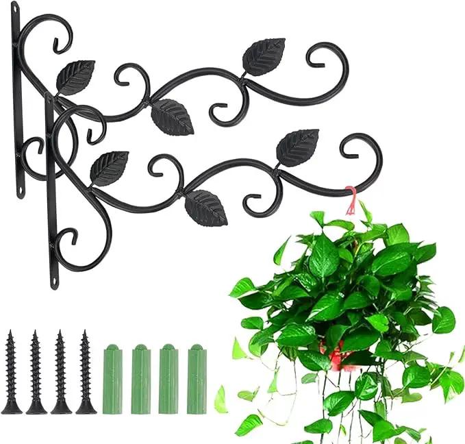 3 Leaves Style Metal Hanging Plant Brackets 12 inches x 7.5 inches, Pack of 2, Wall Mount Plant Hangers, Planter Hooks for Flower Baskets, Bird Feeders in Corridor/Patio/Porch/Garden by GreenHaven Gardens