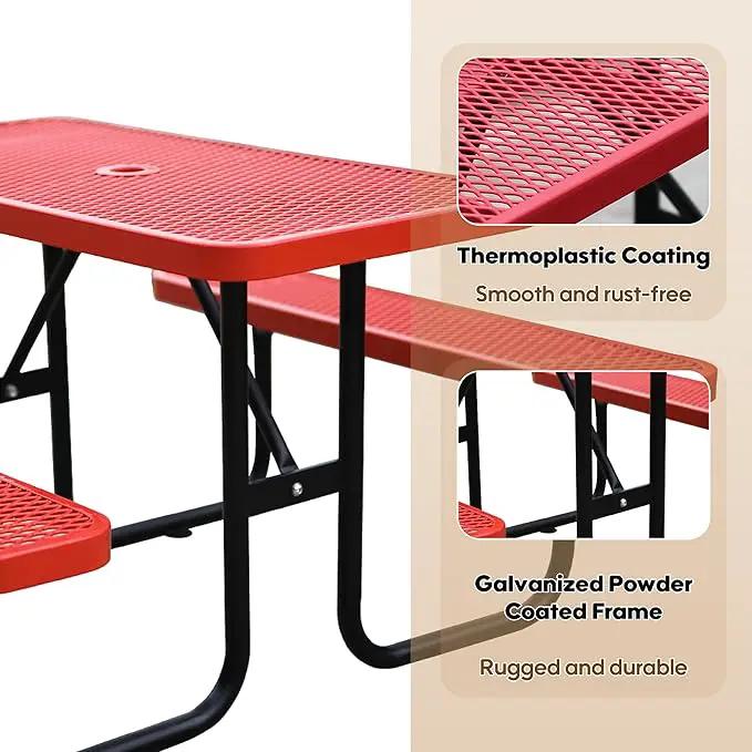 4FT Metal Picnic Tables for Outdoors, Commercial Rectangular Picnic Table and Bench Set for Outside, Patio, Garden, Backyard, Porch, Surface Mount, Red by GreenHaven Gardens