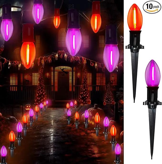 C9 LED Halloween Pathway Lights,10Pcs C9 Orange & Dark Purple Light Bulbs Stake Lights with 10 Stakes, Connectable Outdoor Pathway Markers Lights for Halloween Holiday Walkway Party Driveway Decor by GreenHaven Gardens