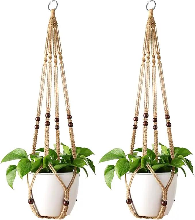 Mkono Macrame Plant Hanger Indoor Jute Hanging Planter Basket with Wood Beads Decorative Flower Pot Holder No Tassels for Indoor Outdoor Boho Home Decor 35 Inch, Brown, Set of 2 (POTS NOT Included) by GreenHaven Gardens