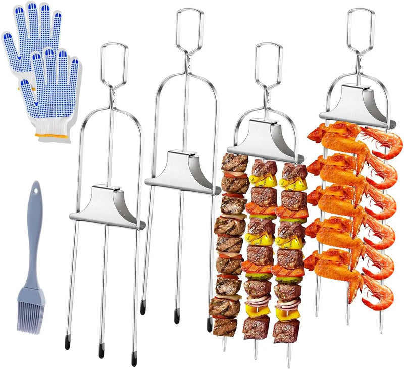 4PCS Kabob Skewers for Grilling, 14'' Stainless Steel Kebab Skewers, 3 Prong Metal Grill Skewer with Push Bar Slider, Skewer Sticks for Meat Veggies Fruits Marshmallows, BBQ Barbecue Accessories by GreenHaven Gardens