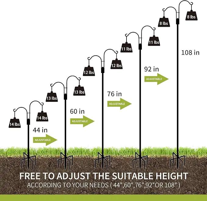 XDW-GIFTS Double Shepherds Hooks for Outdoor, 2-Pack Heavy Duty Garden Pole for Hanging Bird Feeder, Plant Baskets, Solar Light Lanterns, Garden Plant Hanger Stands with 5 Base Prongs by GreenHaven Gardens