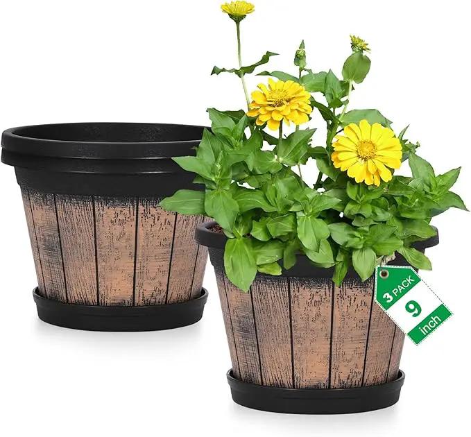 Quarut Plant Pots Set of 3 Pack 9 inch,Whiskey Barrel Planters with Drainage Holes & Saucer.Plastic Decor Flower Pots Imitation Wine Barrel Design,for Indoor & Outdoor Garden Home Plants (Brown) by GreenHaven Gardens