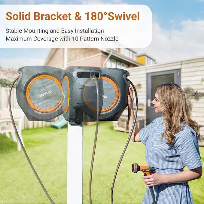 Ruvup Retractable Garden Hose Reel, 5/8in x 100ft Water Hose Reel with Metal Bracket, UV Resistant Automatic Hose Reel Wall Mount for Outside, Slow Retraction Any Length Lock 10 Spray Nozzle by GreenHaven Gardens