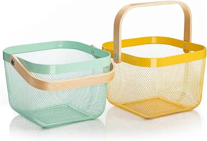 Metal Mesh Steel Basket, Storage Organizer Basket Multi-functional Hanging Kitchen Baskets Fruit Basket with Wooden Handle for Kitchen Bathroom Picnic Shopping Decor Cabinet Home, Macaron Blue by GreenHaven Gardens