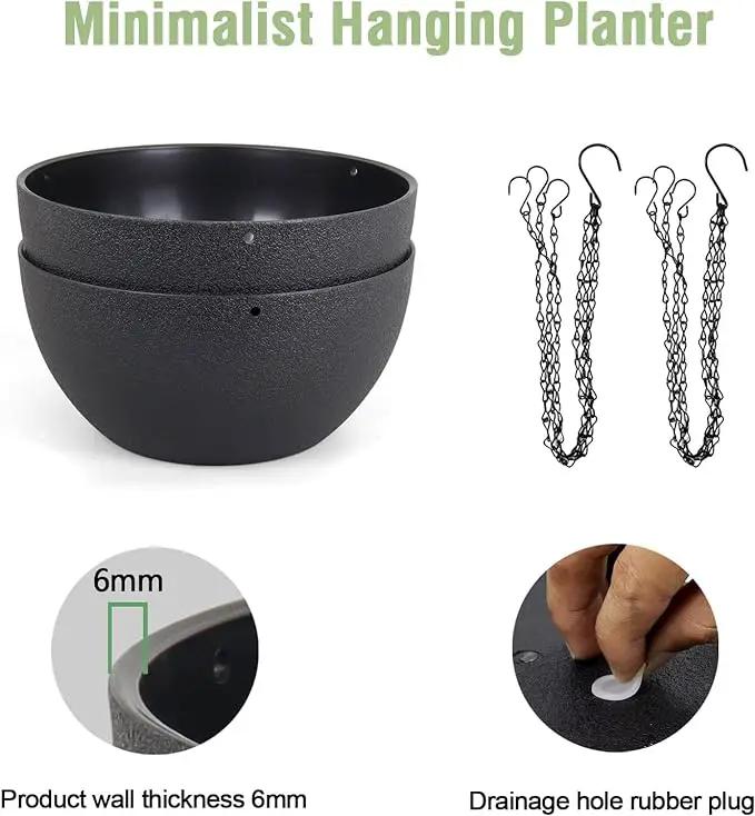 10 inch Hanging Planters for Indoor Outdoor Plants, 2 Pack Hanging Flower Pots with Drainage Holes and Chain for Garden Porch Plants, Round Plastic Hanging Baskets for House Plants, Black by GreenHaven Gardens