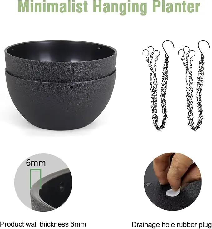 8 inch Small Hanging Planters Plant Pots for Indoor Outdoor Plants, 2 Pack Hanging Flower Pots with Drainage Holes and Chain for Garden Porch, Plastic Hanging Baskets for House Plants, Black by GreenHaven Gardens