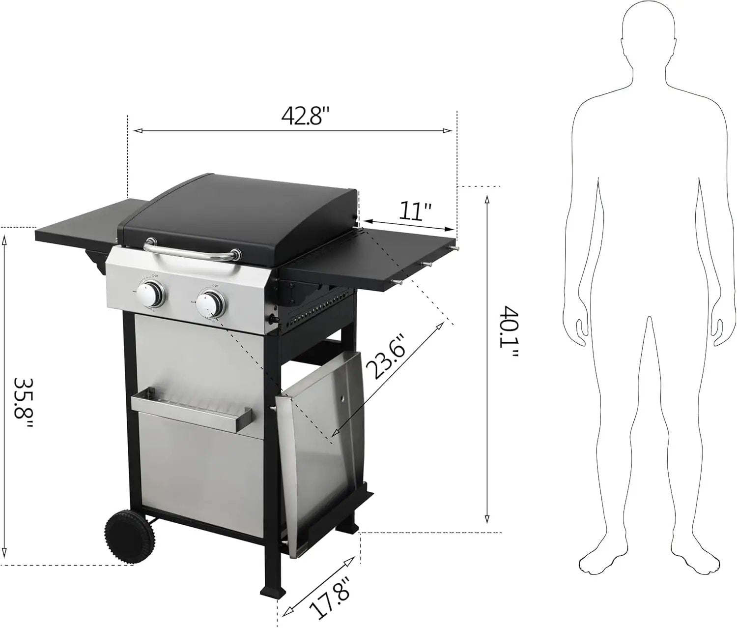 2-Burner Propane Gas BBQ Grill with SS Plancha, 24,600 BTU Output, Wire Enamel Cooking Grids, Foldable Side Table and Hanging Basket, Compact Stainless Steel Grill by GreenHaven Gardens