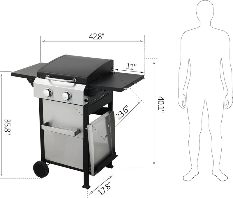 2-Burner Propane Gas BBQ Grill with SS Plancha, 24,600 BTU Output, Wire Enamel Cooking Grids, Foldable Side Table and Hanging Basket, Compact Stainless Steel Grill by GreenHaven Gardens