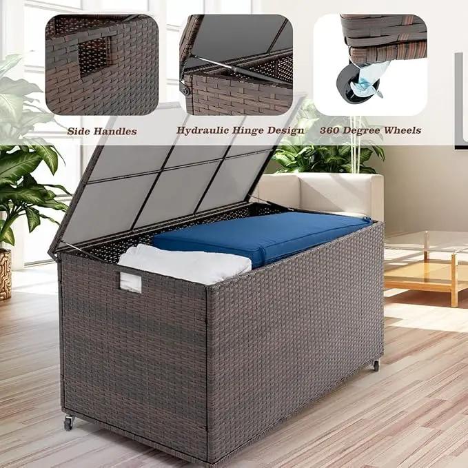 Outdoor 170 Gallon Water-Resistant Wicker Storage Box with Wheels, PE Rattan Deck Box with Waterproof Liner for Outside, Patio Storage Container with Hinged Lid, Horizontal Bin, Brown by GreenHaven Gardens