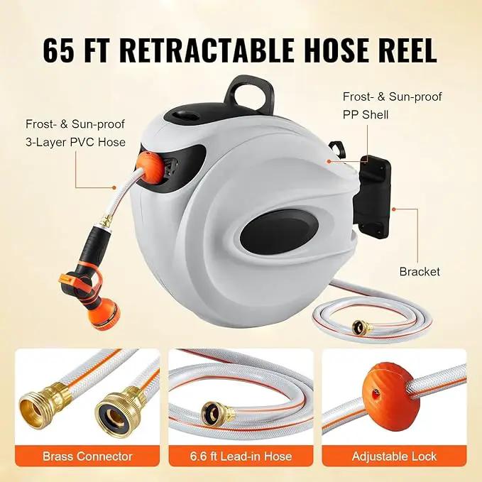 65' x 5/8" Retractable Hose Reel Wall-Mounted with 180° Swivel–Heavy-Duty Automatic Water Hose Storage for Garden,Yard,and Outdoor Use by GreenHaven Gardens