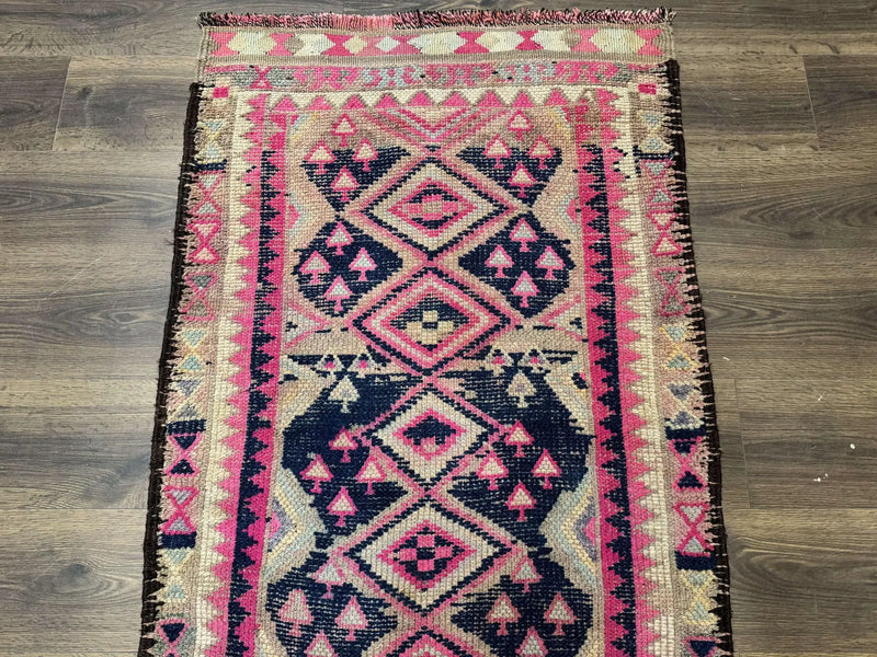 Turkish Runner Rug 3x10, Pink and Navy Blue, Bohemian Runner for Hallway or Kitchen, Vintage, Geometric, Tribal by Jewel Rugs