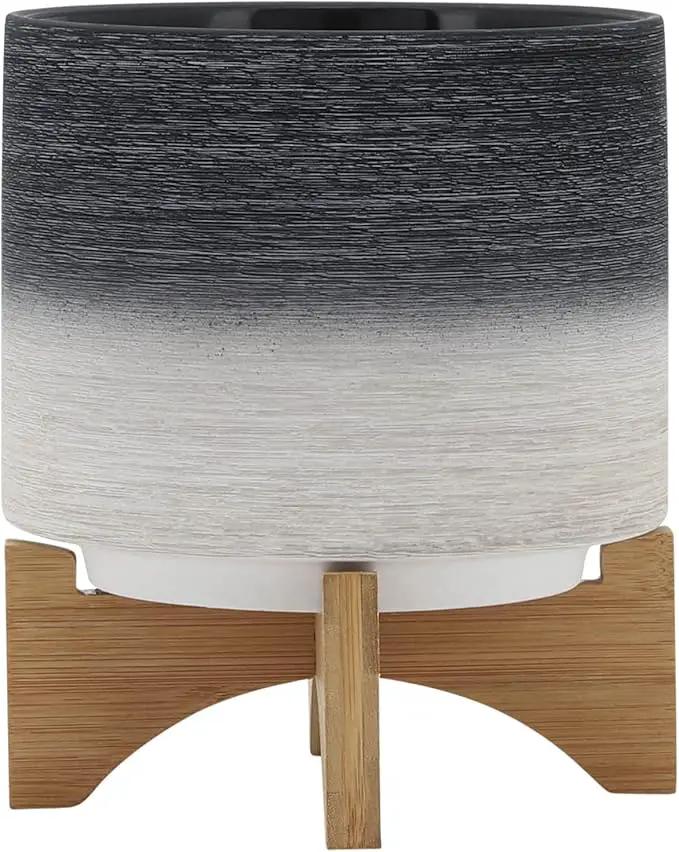 Sagebook Home 8" Planter on Stand - Ceramic Planter on Wooden Base - Contemporary Gray and White Textured Design Indoor or Outdoor Plant Stand Decor by GreenHaven Gardens