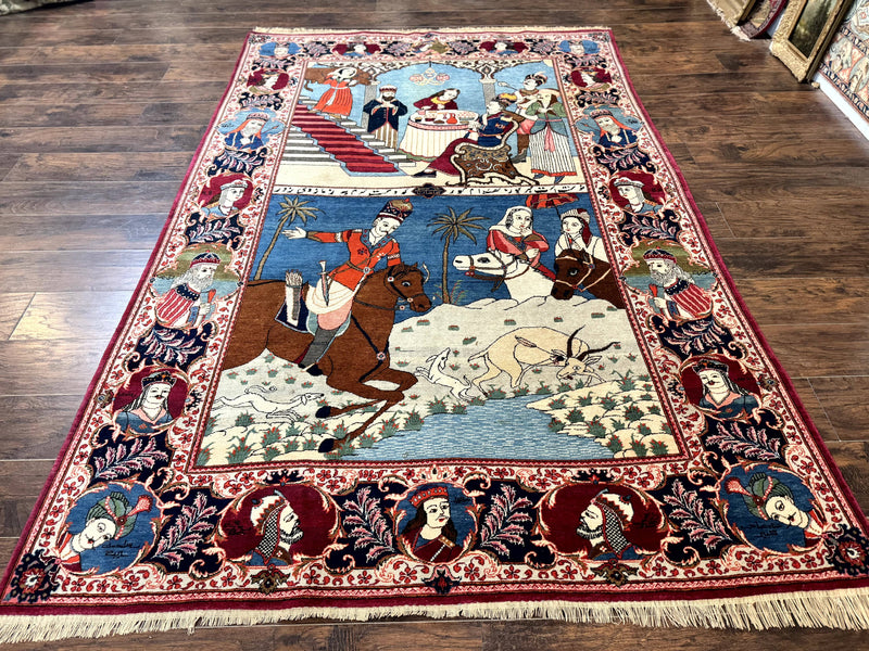 Rare Persian Kashan Pictorial Rug 6x9, King Bahram Hunting Scene, Persian Kings, Hand Knotted Persian Rug for Wall Hanging, Antique, Wool by Jewel Rugs
