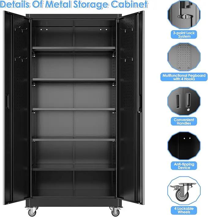Garage Storage Cabinet with Wheels & Pegboard, 71" H×34" W×18" D Locking Metal Storage Cabinet with 2 Doors and 5 Adjustable Shelves for Garage Workshop Home, Black, Assembly Required by GreenHaven Gardens