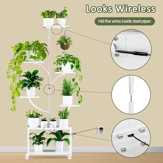 Plant Stand Indoor with Grow Lights, 60" Tall 7-Tier Metal Plant Stand with Wheels & Tree-Shaped Design for Indoor Plants, Flower Holder Display Rack for Home, Patio - White by GreenHaven Gardens