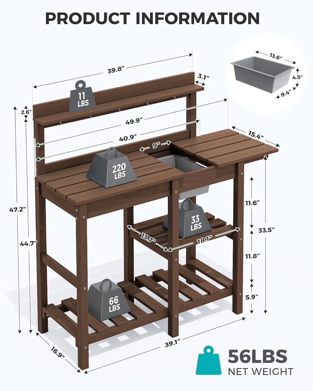 SERWALL Potting Bench Outdoor Potting Table with Sink, HDPE Potting Benches for Outside Gardening Table All Weather Use- Coffee by GreenHaven Gardens